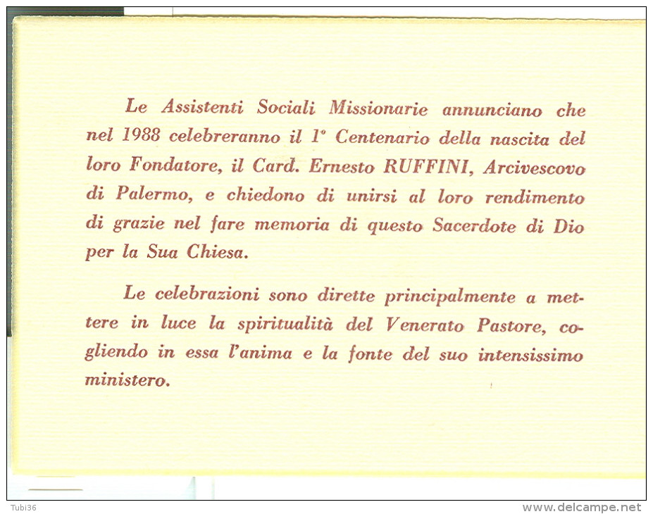 ASSISTENTI SOCIALI MISSIONARIE-PALERMO, 1987,1° CENTENARIO FONDATORE CARD. ERNESTO RUFFINI, - Altri & Non Classificati