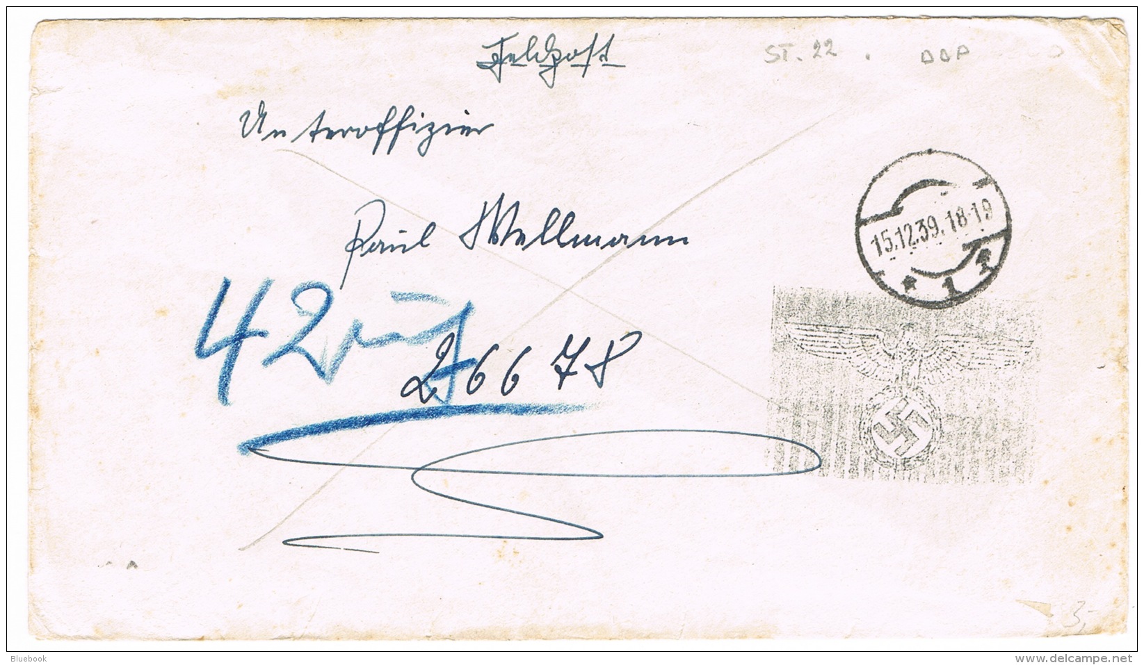 RB 1087 - 1939 Germany WWII Military Feldpost Cover With Unusual Scarce Nazi Postal Cachet - Covers & Documents