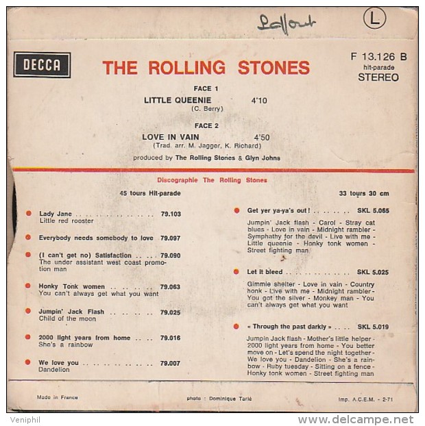 VINYLE  45 TOURS- LES ROLLINGS STONES-LITTLE QUEENIE- LOVE IN VAIN - - Autres - Musique Anglaise