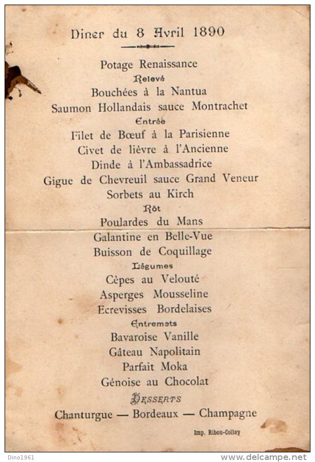 VP4332 - Menu - Diner Du 8 Avril 1890 - Menus