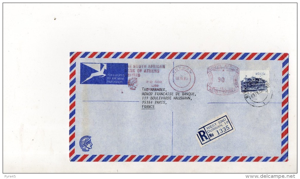 Afrique Du Sud Enveloppe Recommandee Du 18 Avril 1985 De Durban Pour Paris - Lettres & Documents