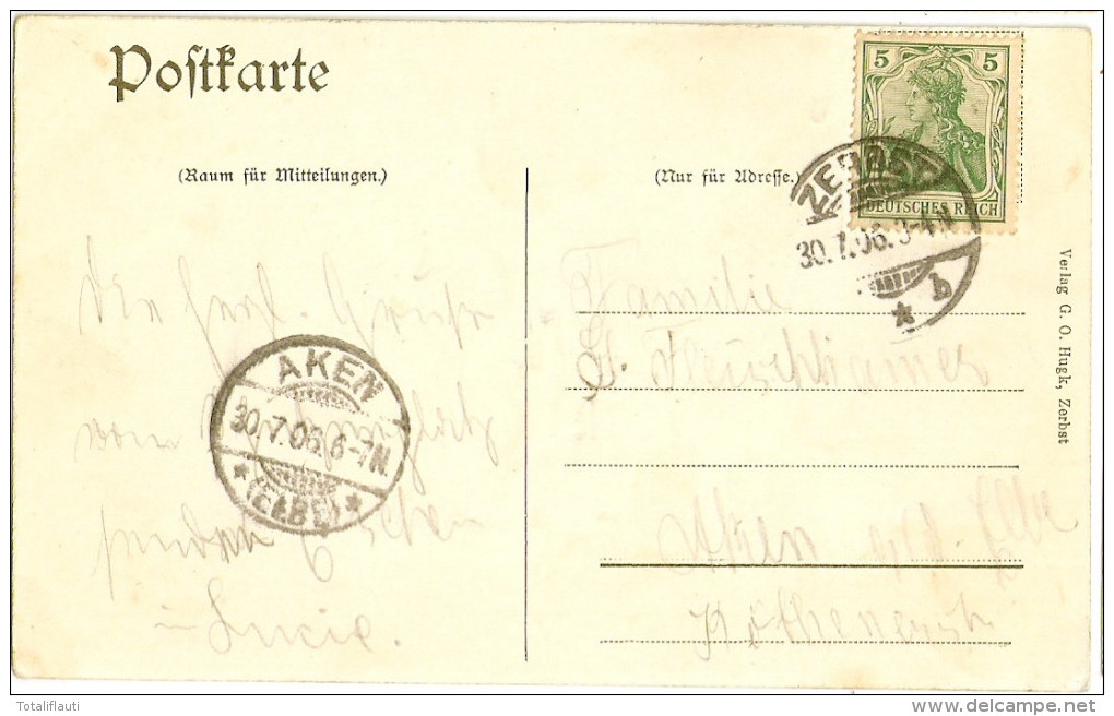 ZERBST Bahnhofstrasse Belebt Geschäfte Friseur Barbier Tabake Cigarren Holzrand Imitation 30.7.1906 Gelaufen - Zerbst