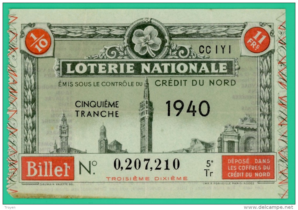 Billets De Loterie -  Loterie Nationale - Crédit Du Nord - 1940 - T Bien - Billets De Loterie