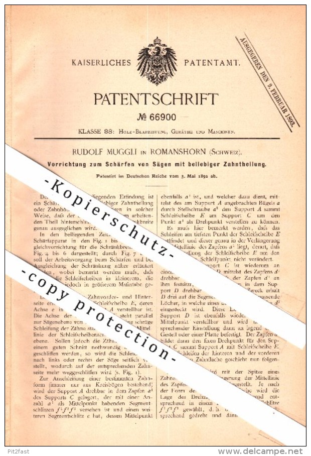 Original Patent - Rudolf Muggli In Romanshorn , Schweiz , 1892 , Apparat Zum Schärfen Von Sägen , Schreinerei , Tischler - Romanshorn