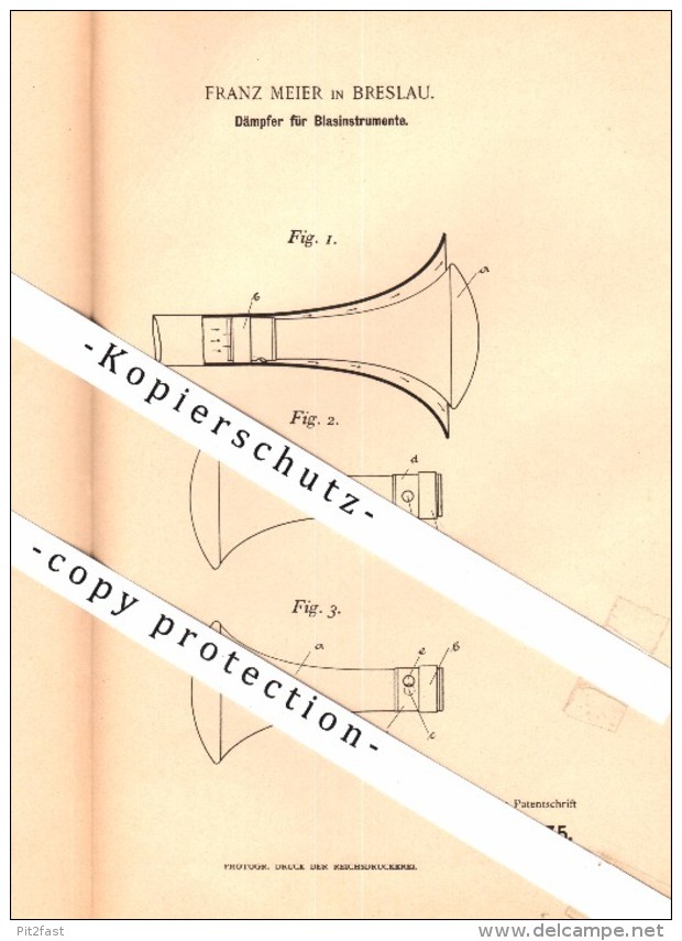 Original Patent - Franz Meier In Breslau , 1895 , Dämpfer Für Blasinstrumente , Trompete , Trumpet , Posaune , Tuba !!! - Instruments De Musique