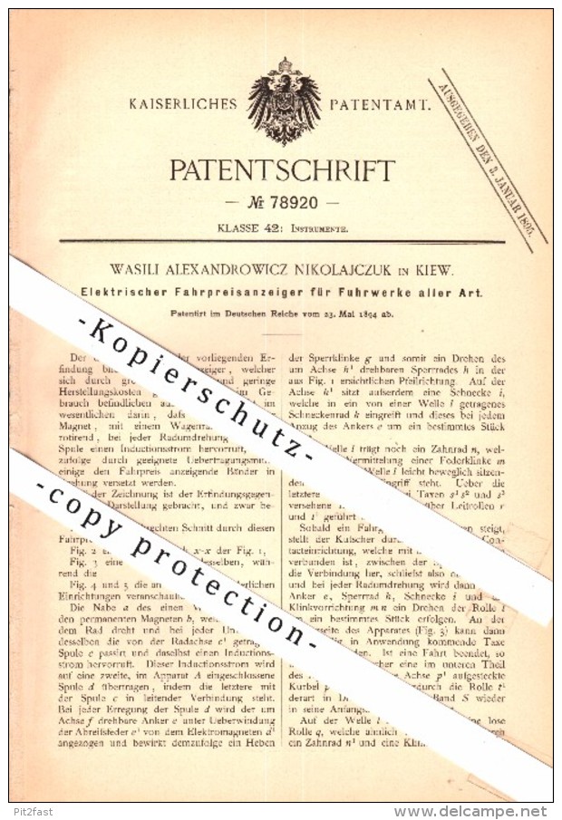 Original Patent - Wasili A. Nikolajczuk In Kiew / Russland , 1894 , Taxameter , Elektrischer Fahrpreisanzeiger , Taxi !! - Documentos Históricos