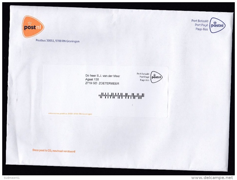 Netherlands: Official Cover Of Dutch Postal Service, 2016, Postage Paid, Post Office Groningen (traces Of Use) - Lettres & Documents