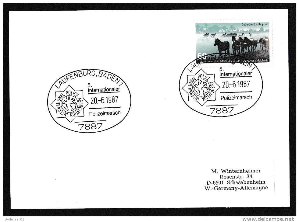 Germany: Postcard, 1987, 1 Stamp, Wild Horses, Special Cancel March International Police Association (backside Empty) - Brieven En Documenten