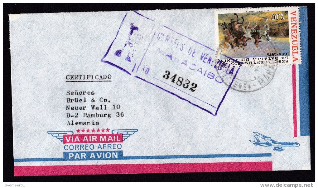 Venezuela: Registered Airmail Cover To Germany, 1975, 1 Stamp, Battle Of Junin, Military History, War (traces Of Use) - Venezuela