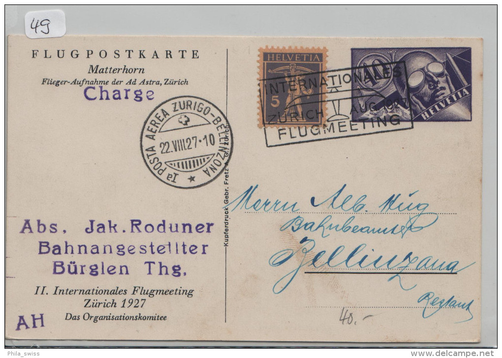 1. Posta Aerea Zurigo Zürich - Bellinzona 22.8.1927 Flugpostkarte Matterhorn - First Flight Covers