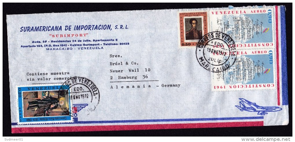 Venezuela: Airmail Cover To Germany, 1972, 4 Stamps, Constitution, Bolivar, Olmedo, History (roughly Opened) - Venezuela