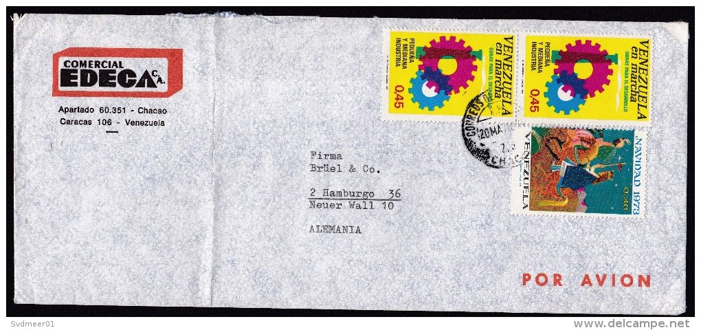 Venezuela: Airmail Cover To Germany, 1977, 3 Stamps, Industry, Christmas (fold) - Venezuela