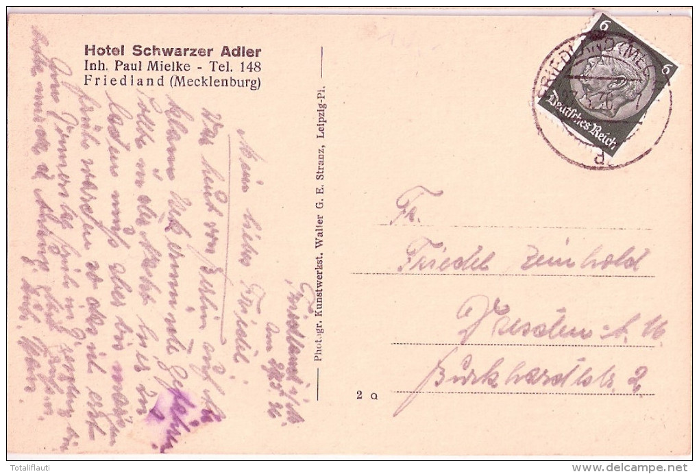 FRIEDLAND Mecklenburg Hotel SCHWARZER ADLER Gastzimmer Inh Paul Mielke 27.5.1936 Gelaufen - Neubrandenburg