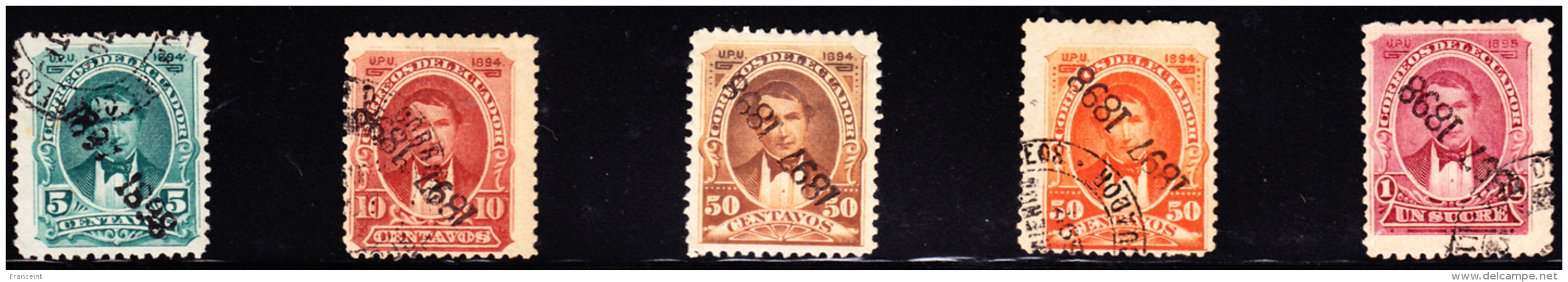 Ecuador 1894 Pres. Rocafuerte Collection Overprinted 1897-1898 Inverted. Scott 79-83. - Ecuador