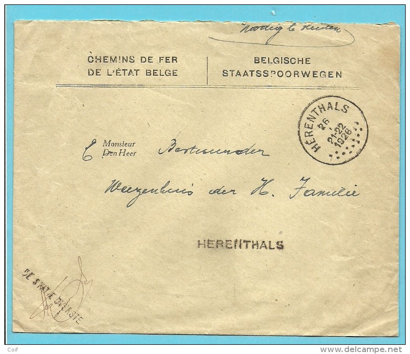 Brief Met Hoofding "CHEMINS DE FER DE L'ETAT BELGE" Met Stempel HERENTHALS Op 26/1/1926 - Sonstige & Ohne Zuordnung