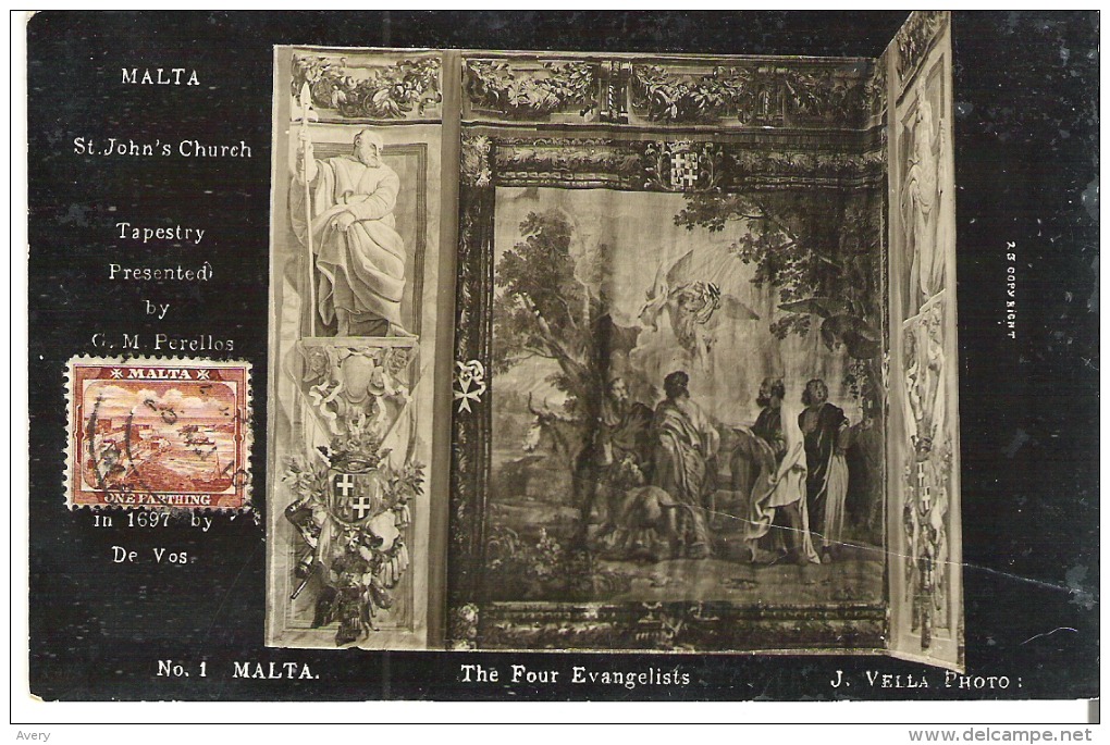 St. John's Church, Malta Tapestry The Four Evangelists  Slight Crease RPPC - Malta