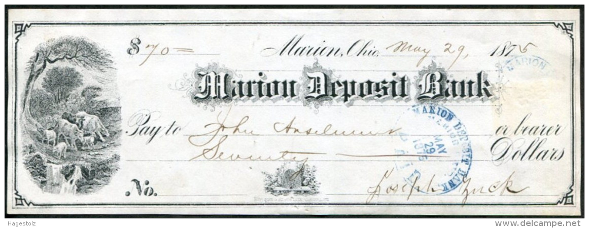 USA Ohio 1875 Check Cheque Marion Deposit Bank BEE Bees Biene BEEHIVE Bienenstock Abeille Ruche Cattle Cow Sheep - Cheques & Traverler's Cheques