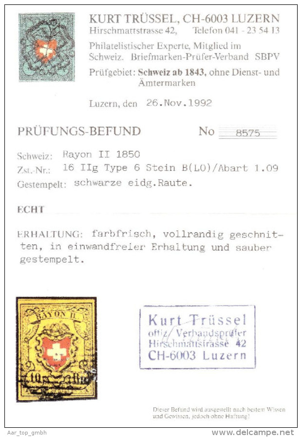 Schweiz RAYON II Zu#16IIg 1.09 T6 Stein B LO Kartonpap. - 1843-1852 Kantonalmarken Und Bundesmarken