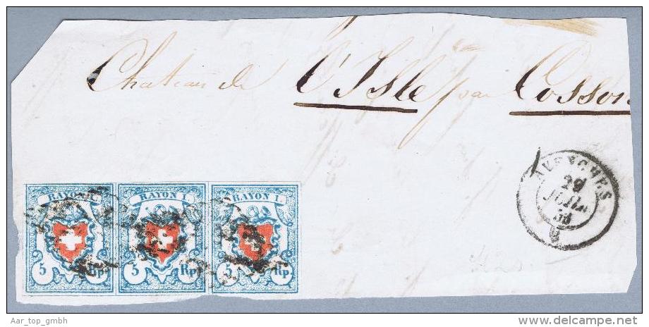 Schweiz RAYON 1853-07-29 Avenches Rayon-Bri.stk. 3-er Streifen Zu#17II Typ37-39 C2-RU - 1843-1852 Federal & Cantonal Stamps