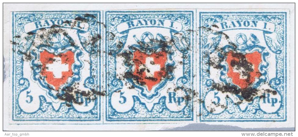 Schweiz RAYON 1853-07-29 Avenches Rayon-Bri.stk. 3-er Streifen Zu#17II Typ37-39 C2-RU - 1843-1852 Kantonalmarken Und Bundesmarken