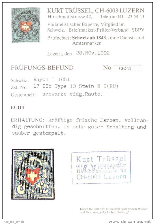 Schweiz RAYON I H.b. Typ 13 Stein B3 RU Befund - 1843-1852 Kantonalmarken Und Bundesmarken