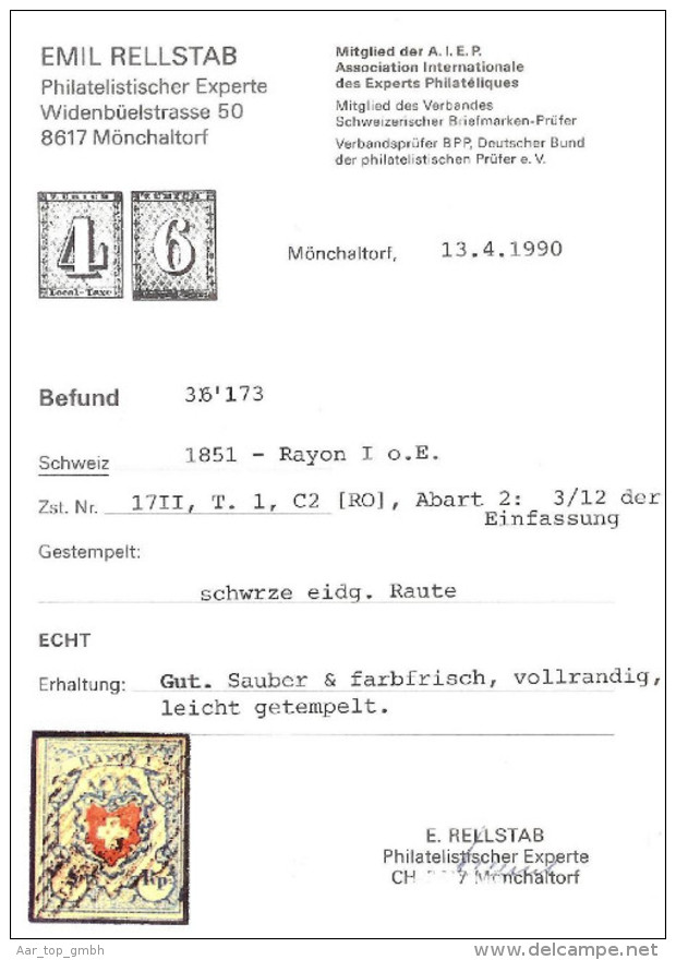 Schweiz RAYON  I H.b. Zu#17II 1.02 Typ1 Stein C2 RO - 1843-1852 Federal & Cantonal Stamps
