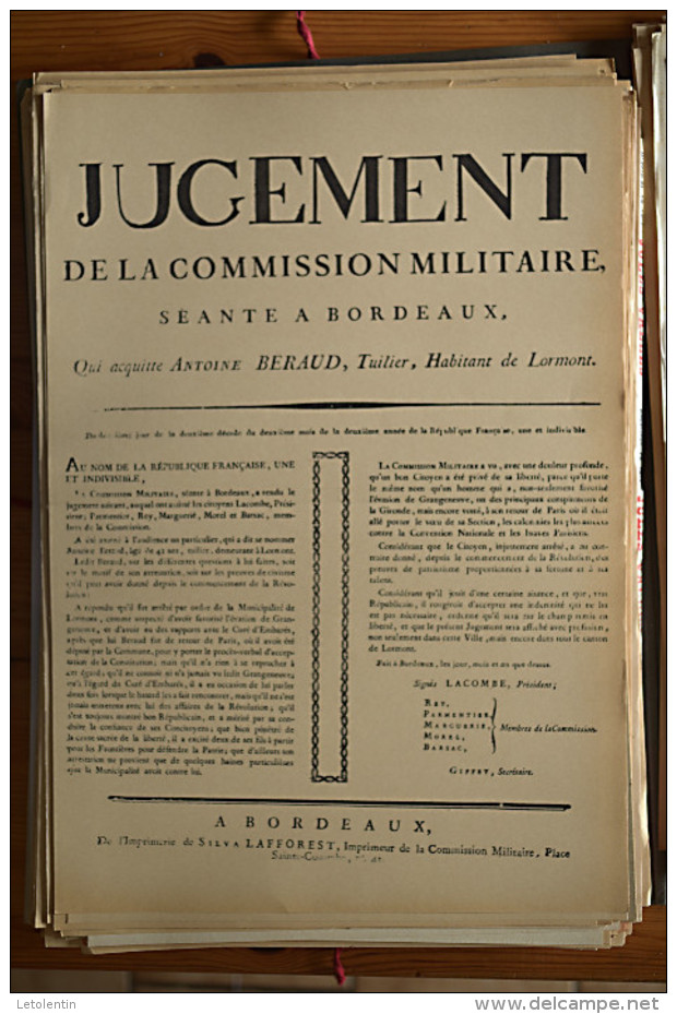 AFFICHE REVOLUTION. FAC-SIMILÉ - 53 - JUGEMENT DE LA COMMISSION MILITAIRE SÉANTE À BORDEAUX, QUI ACQUITTE BERAUD, TUILI - Affiches