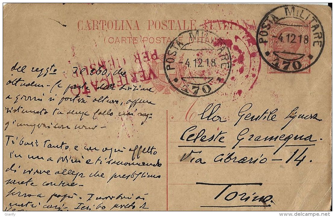 INTERO REGNO LEONI 10 C POSTA MILITARE 170 1918 VALEGGIO X TORINO - Militaire Post (PM)