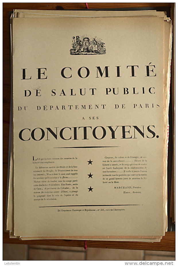 AFFICHE REVOLUTION. FAC-SIMILÉ - 69 - LE COMITÉ DE SALUT PUBLIC DU DÉPARTEMENT DE PARIS A SES CITOYENS (MARAT VIENT DE - Afiches