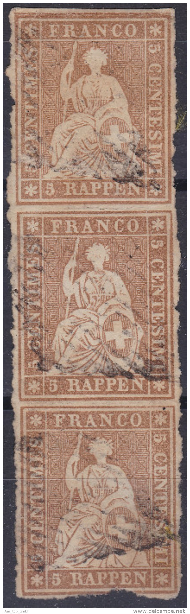 Schweiz Strubel 1855 Zu#22C Senkrechter 3er-Streifen Gelber Seidenfaden - Oblitérés
