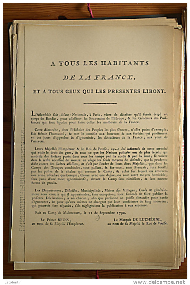 AFFICHE REVOLUTION. FAC-SIMILÉ - 76 - A TOUS LES HABITANTS DE LA FRANCE, ET À TOUS CEUX QUI LES PRESENTES LIRONT.. FAIT - Afiches