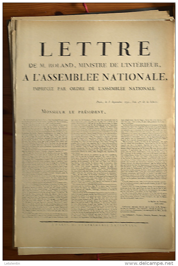 AFFICHE REVOLUTION. FAC-SIMILÉ - 77 - LETTRE DE M. ROLAND MINISTRE DE L'INTÉRIEUR, A L'ASSEMBLÉE NATIONALE, ..PARIS LE - Afiches