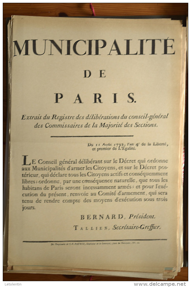 AFFICHE REVOLUTION. FAC-SIMILÉ - 82 - MUNICIPALITÉ DE PARIS. EXTRAIT DU REGISTRE DES DÉLIBÉRATIONS DU CONSEIL-GÉNÉRAL D - Afiches