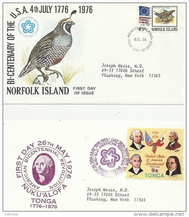 TONGA - NORFOLK ISLAND 1976 - USA BICENTENARY - 2 DIFFERENT FDC - Tonga (1970-...)