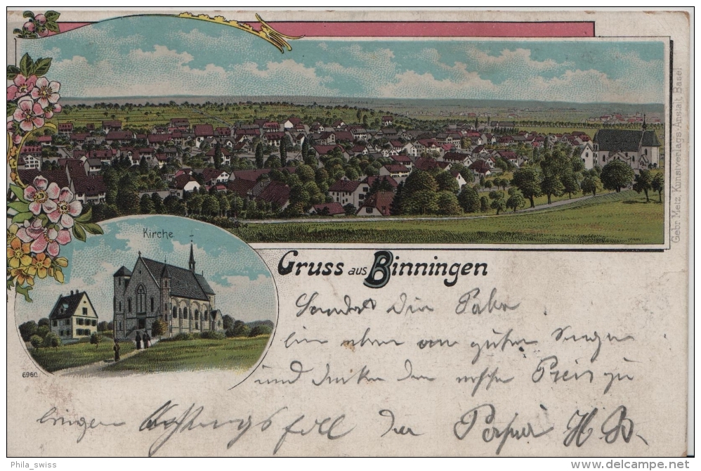 Binningen, Gruss Aus - Farbige Litho - Kirche, Dorf - Binningen