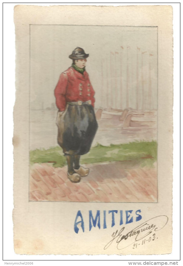 Illustrateur Signé A Déchiffré Autographe 1903 Carte Aquarellée Style Hollandais Hollande - Sonstige & Ohne Zuordnung