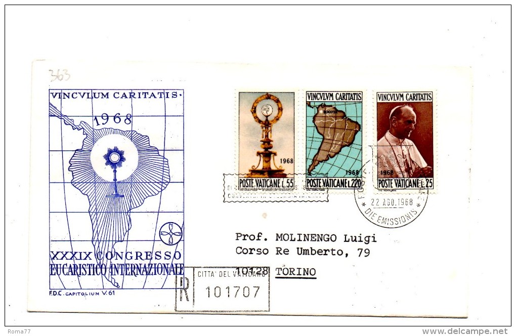 Fa363 - VATICANO FDC Capitolium 1968 :    Raccomandata Con Annullo D'arrivo CONGRESSO EUCARISTIC0 - FDC