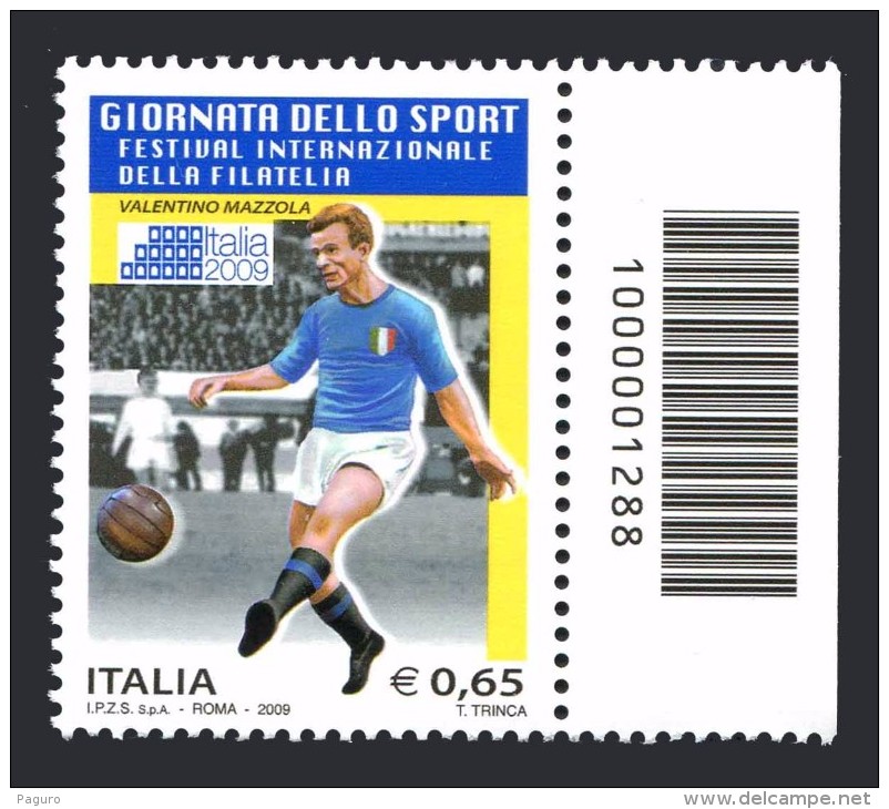 ITALIA 2009 Valentino Mazzola Giornata Delle Sport 0,65 Codice A Barre N° 1288 Integro MNH ** - Codici A Barre