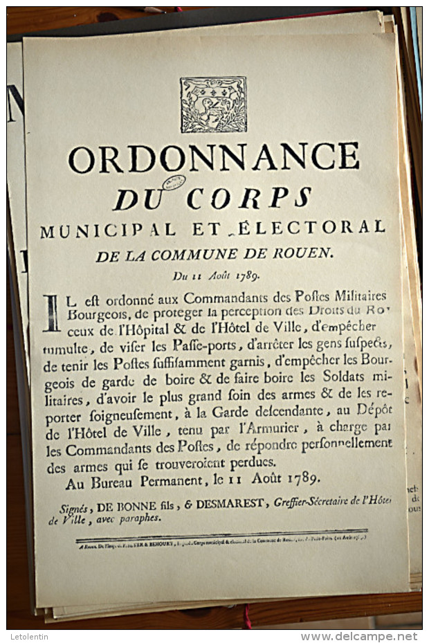 AFFICHE REVOLUTION. FAC-SIMILÉ - 94 - ORDONNANCE DU CORPS MUNICIPAL ET ELECTORAL DE LA COMMUNE DE ROUEN DU 11 AOUT 1789 - Afiches