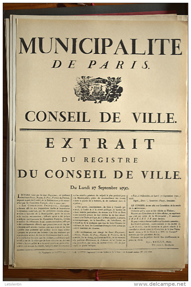 AFFICHE REVOLUTION. FAC-SIMILÉ - 101 - MUNICIPALITÉ DE PARIS; CONSEIL DE VILLE. EXTRAIT DU REGISTRE DU CONSEIL DE VILLE - Affiches