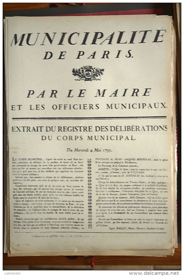 AFFICHE REVOLUTION. FAC-SIMILÉ - 109 - MUNICIPALITÉ DE PARIS. PAR LE MAIRE ET LES OFFICIERS MUNICIPAUX. DU 4 MAI 1791. - Afiches