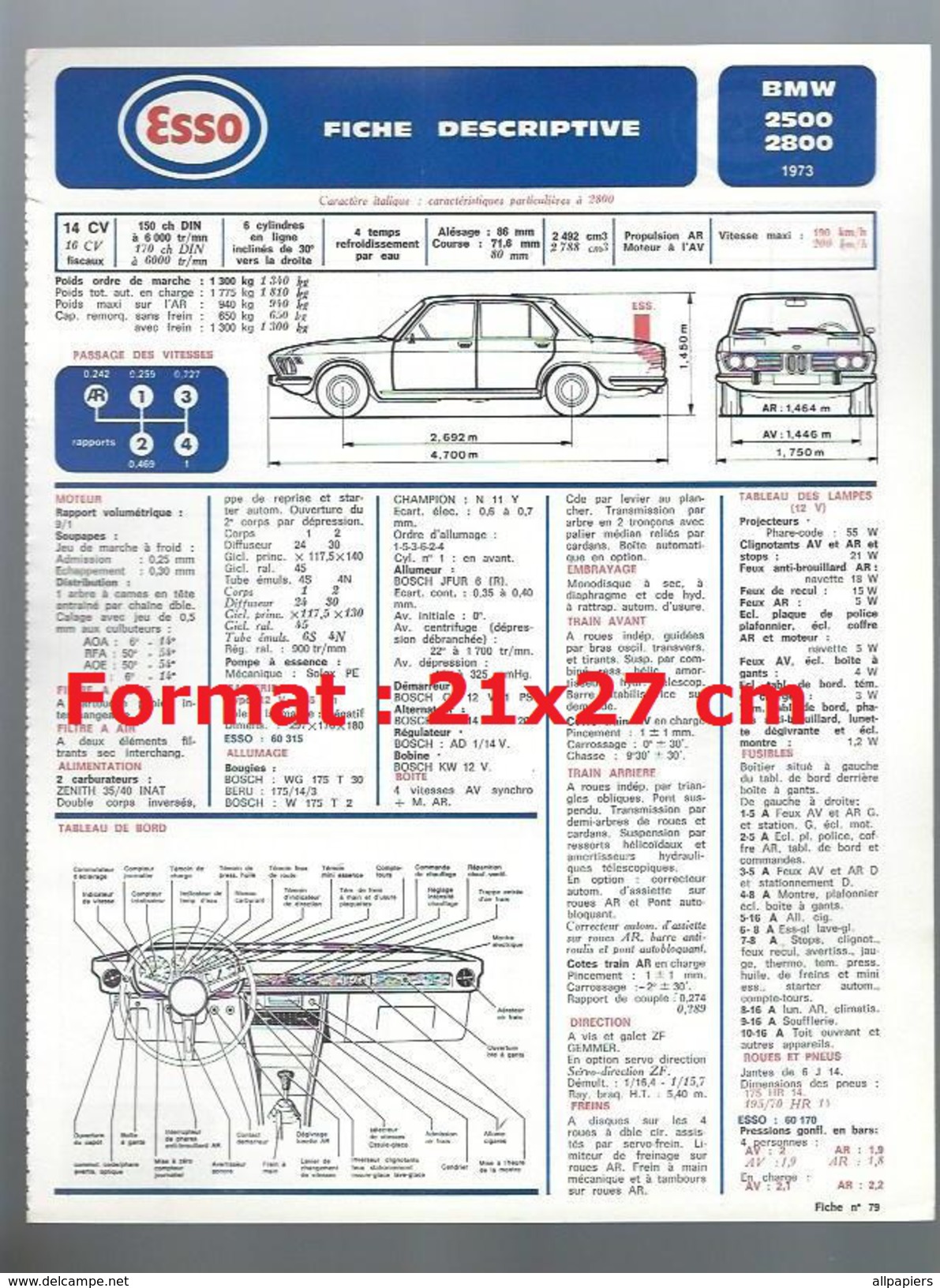 Fiche Descriptive Et Plan De Graissage ESSO BMW 2500 - 2800 De 1973 - Cars