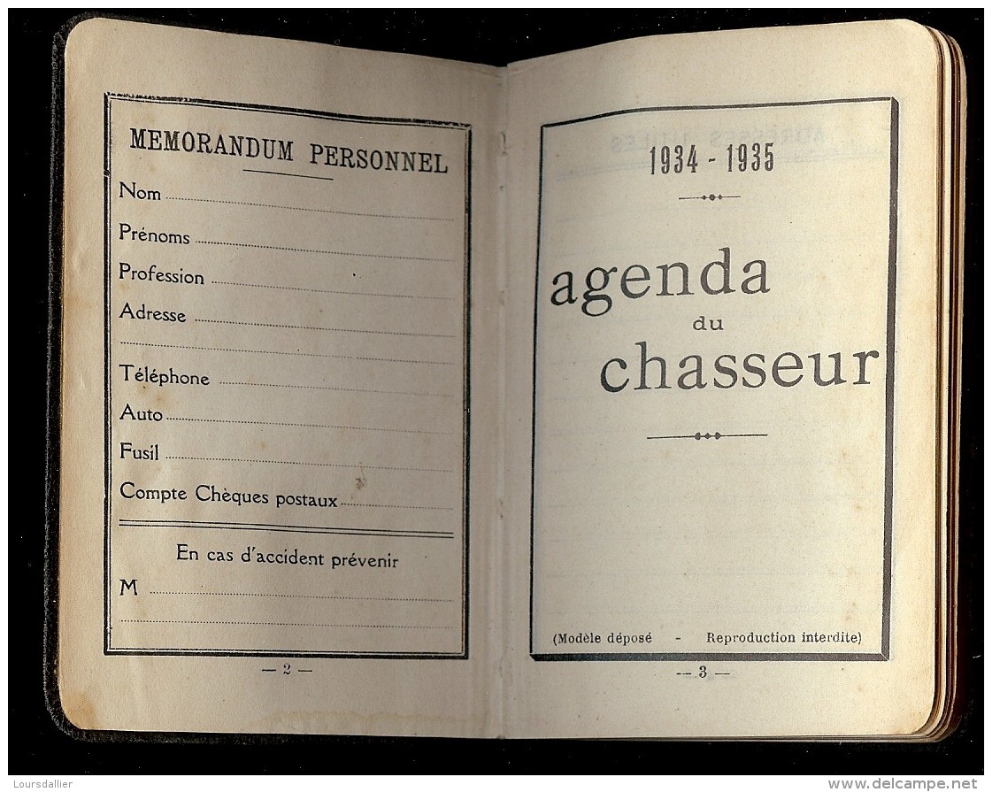 AGENDA DU CHASSEUR 1934 1935 Offert Par C. BONNAND Armurier Montluçon 45 BD De COURTAIS - Autres & Non Classés