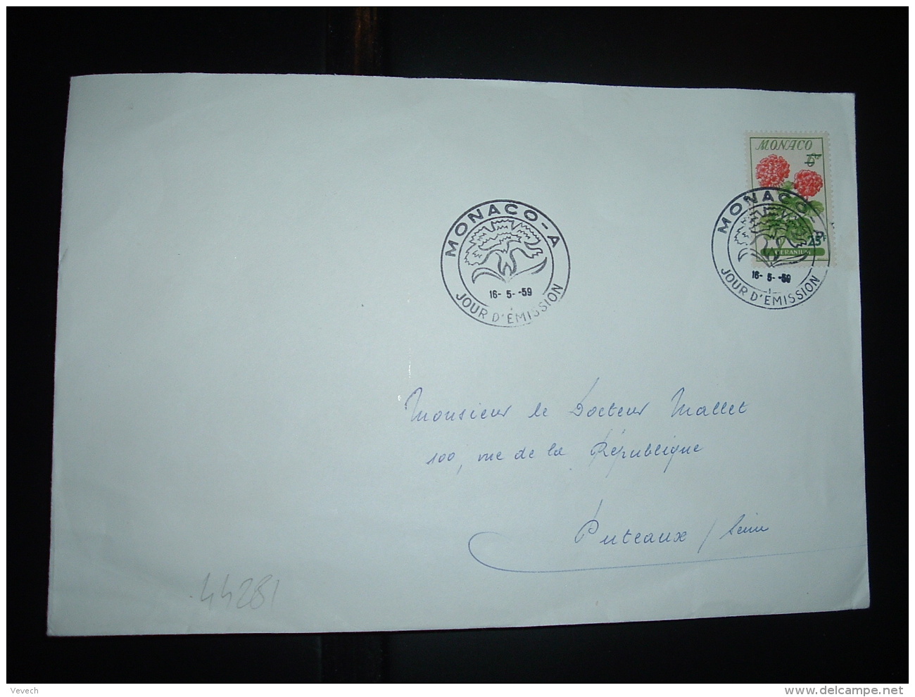 LETTRE TP GERANIUM 6F Surchargé 25F OBL.16-5-59 MONACO-A JOUR D'EMISSION - Lettres & Documents