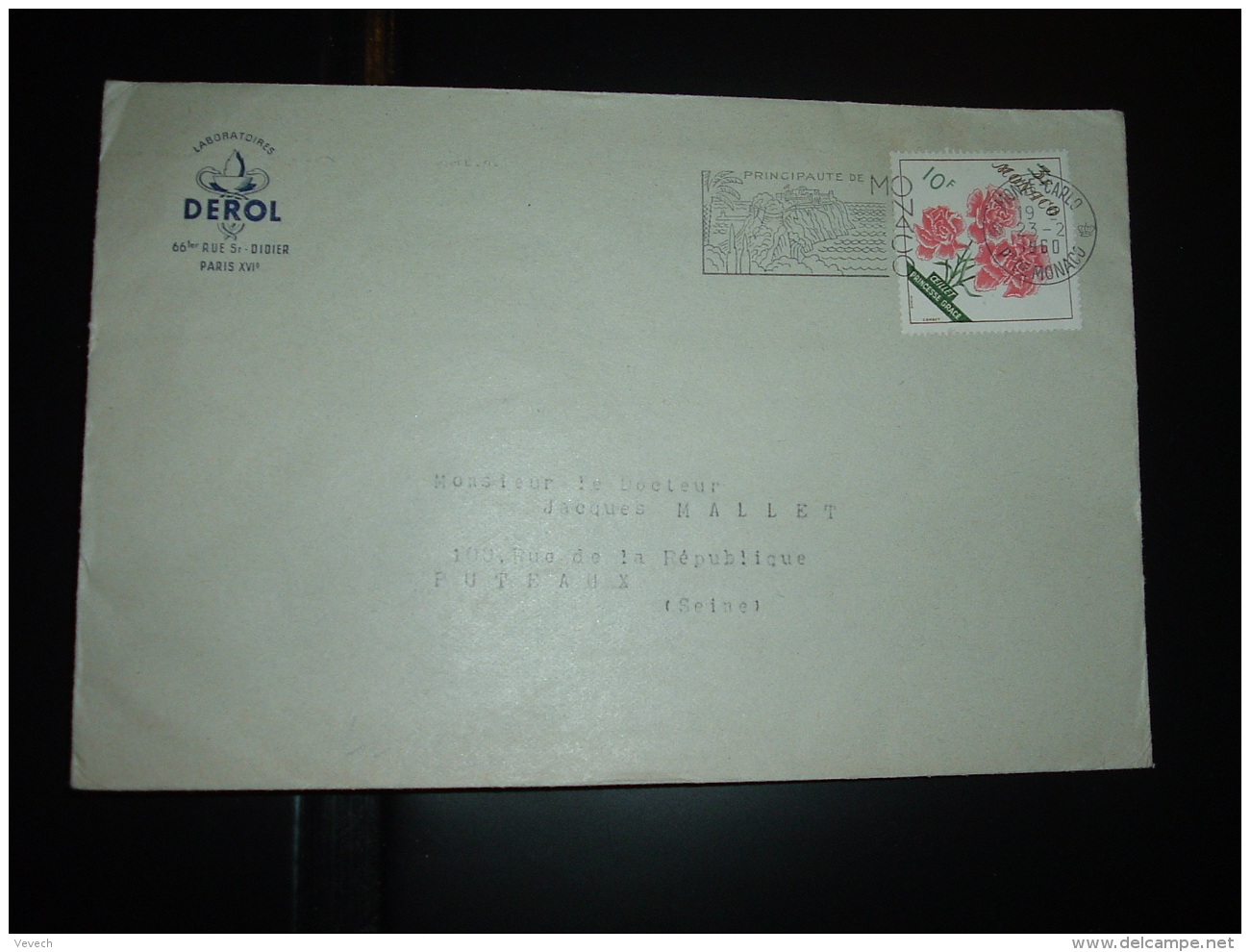 LETTRE TP OEILLET PRINCESSE GRACE 3F Surchargé 10F OBL.MEC.23-2-1960 MONTE CARLO + LABORATOIRES DEROL PARIS - Covers & Documents