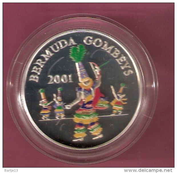 BERMUDA 5 DOLLAR 2001 AG PROOF MULTICOLOUR GOMBAY DANCERS OPL. 3500 PCS (SCRATCHES ON CAPSEL) - Bermudas