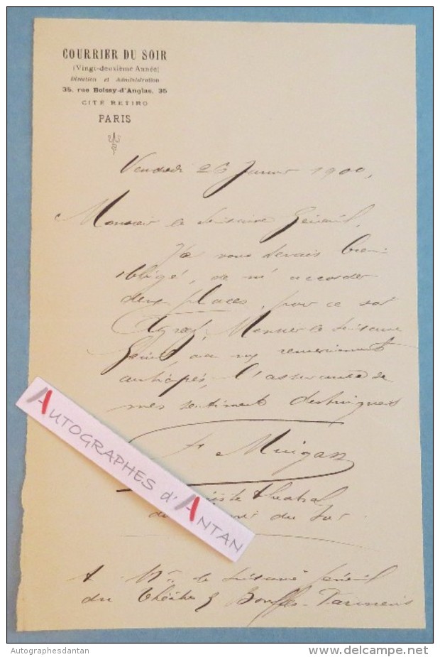 L.A.S 1900 COURRIER DU SOIR - Cité Retiro - Signataire Journaliste à Identifier -Au Théâtre Des Bouffes Parisiens Lettre - Autres & Non Classés