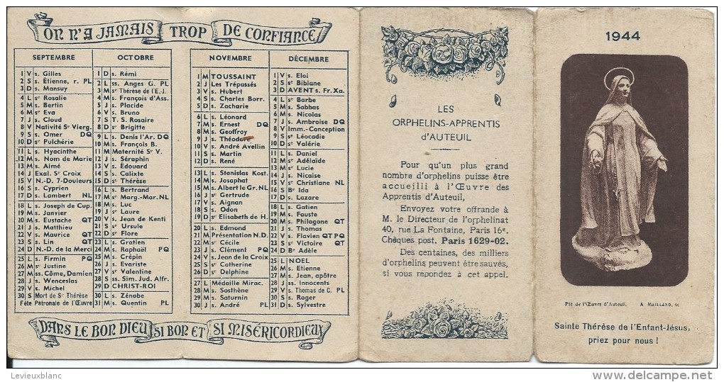 Petit Calendrier De Poche/Religieux/Saint Thérése De L'enfant Jésus/Orphelins-apprentis D'Auteuil/1944   CAL312 - Petit Format : 1941-60