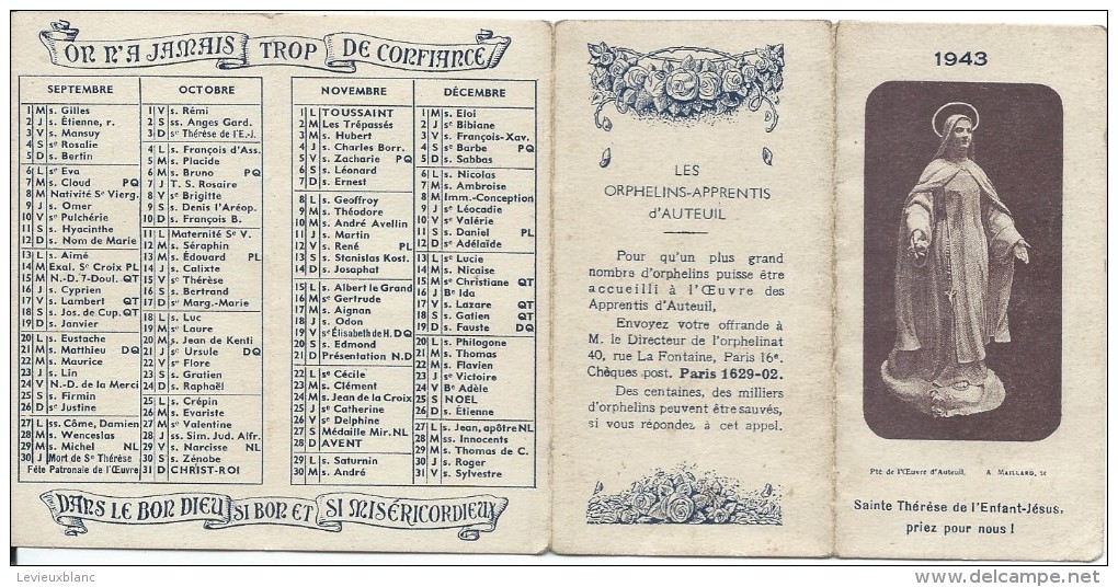 Petit Calendrier De Poche/Religieux/Saint Thérése De L´enfant Jésus/Orphelins-apprentis D´Auteuil/1943   CAL313 - Petit Format : 1941-60