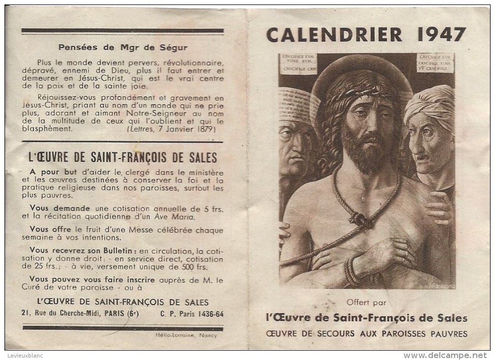 Petit Calendrier De Poche/Religieux/Saint Suaire/ Oeuvre De Saint François De Sales/1947   CAL316 - Petit Format : 1941-60